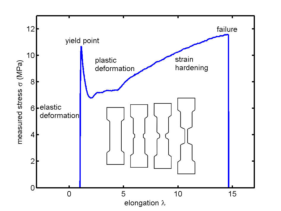 Typische Kraftkurven bei der Deformation von semikristallinen Polymeren.